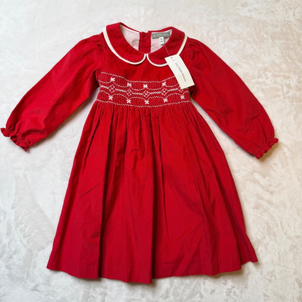 Les Petits Soleils Girls Red Corduroy Smocked Holiday Dress Peter Pan Collar 4T